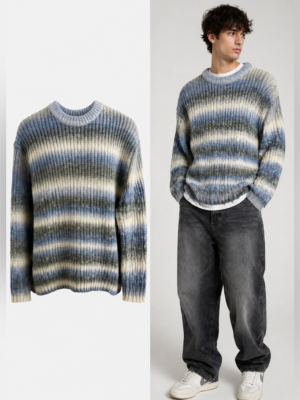 TOPMAN | Blue Gray Striped Chunky Knit Sweater | Crewneck | Size L